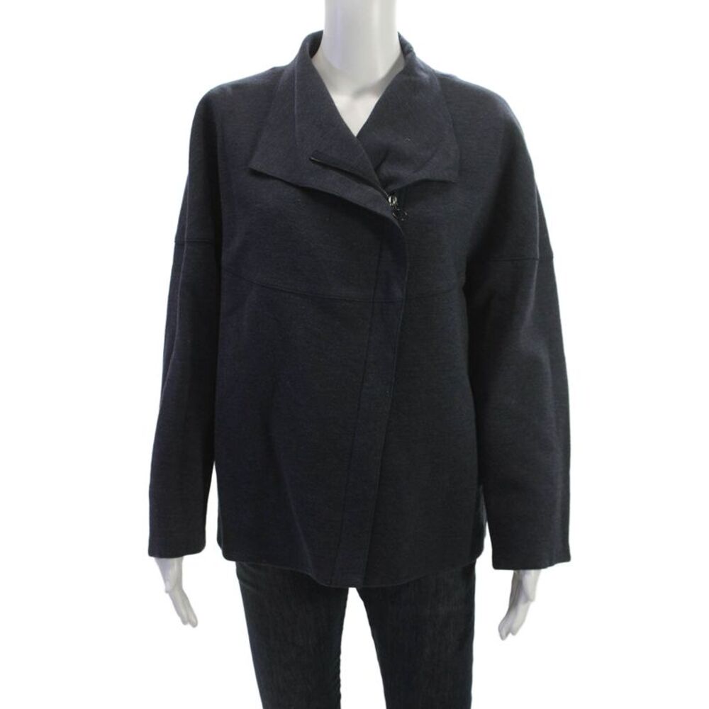 Akris Punto Women Dark Blue Virgin Wool Cotton Jacket Mock Neck Size 14